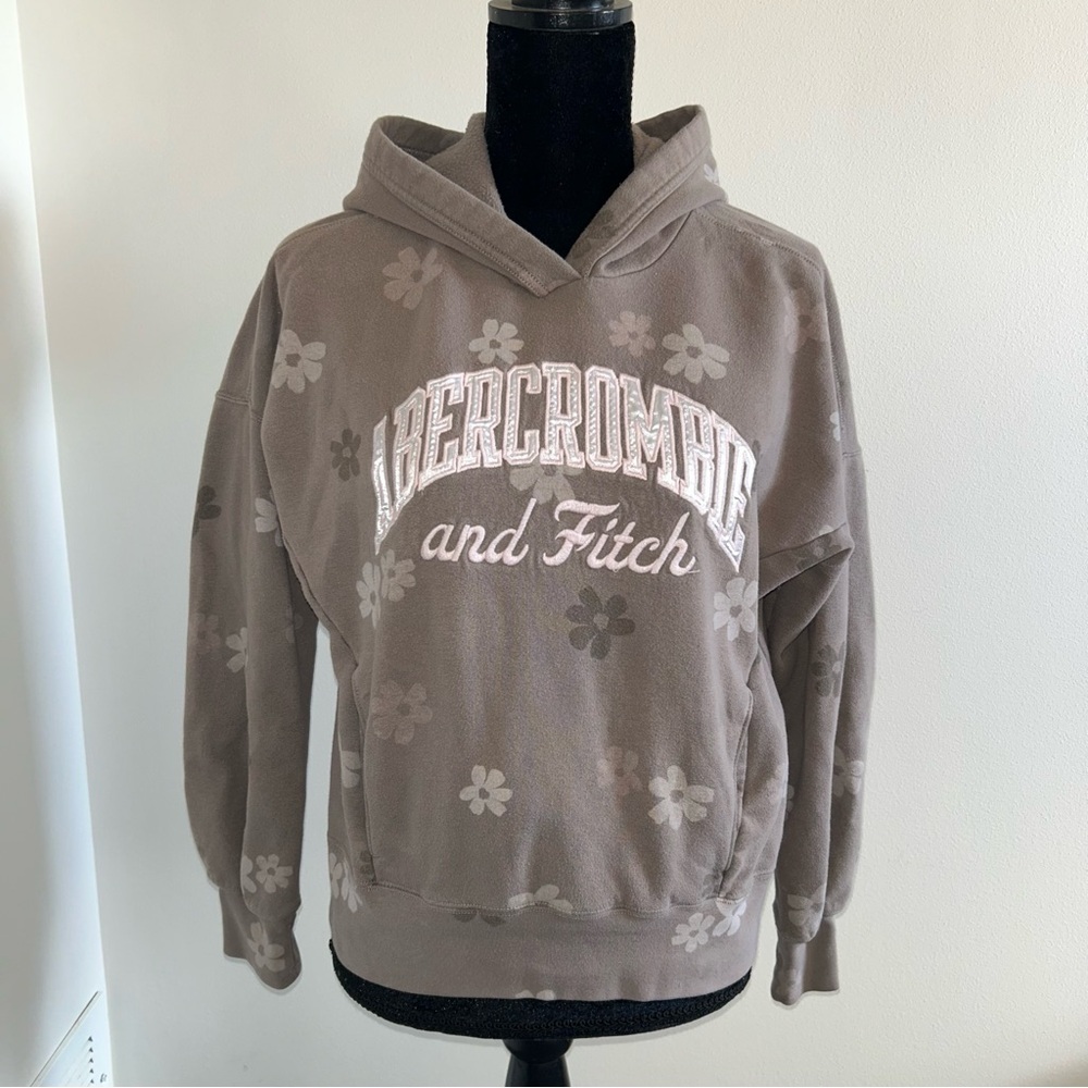 Abercrombie Kids 15/16 Brown Floral Hoodie XS Sweatshirt Logo Spell Out Pullover